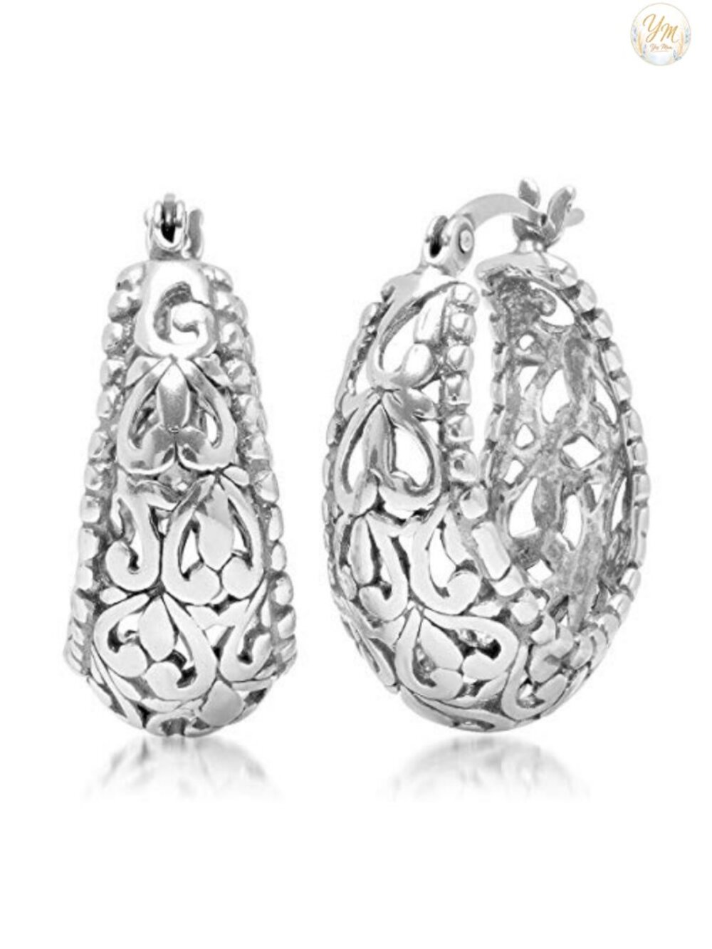 Sterling Silver Filigree Hoop Earrings for Women with Click Tops